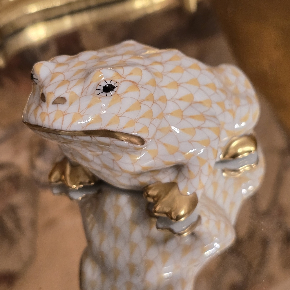 herend fishnet porcelain figurine frog RARE BUTTERSCOTCH VINTAGE 96'  FLAWLESS - Picture 3 of 7